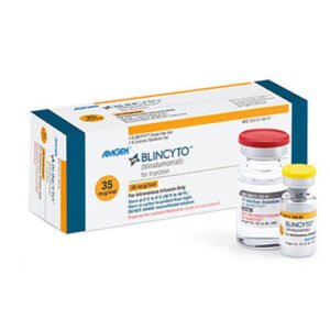 BLINCYTO (blinatumomab) vial and packaging. BLINCYTO is a prescription medication used for the treatment of relapsed or refractory B-cell precursor acute lymphoblastic leukemia (ALL). It is a bispecific T-cell engager (BiTE) that targets CD19 on leukemia cells and CD3 on T-cells to facilitate the destruction of cancer cells. The product comes as an injectable solution for intravenous infusion, requiring careful handling and administration in a healthcare setting.