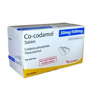 "Co-codamol 30/500mg Tablets: White tablets in a blister pack, used for relieving moderate to severe pain with a combination of codeine and paracetamol. Medication for pain | Pain relief