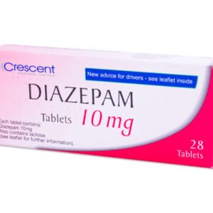 ALT Text for Diazepam Crescent 10 mg: "A blister pack of Diazepam Crescent 10 mg tablets, round and white, used for treating anxiety, muscle spasms, seizures, and symptoms of alcohol withdrawal. The packaging displays dosage information and the Crescent Pharma brand.