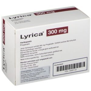 Buy Pregabaline 300mg An image of a white, hard-gelatin capsule of Pregabalin Lyrica 300 mg, imprinted with 'PGN 300'. The capsule is part of a blister pack labeled with the brand name 'Lyrica' and the dosage strength of 300 mg. The packaging is marked with the manufacturer's details, expiration date, and safety instructions. The capsules are designed for oral administration to treat nerve pain, fibromyalgia, epilepsy, and generalized anxiety disorder.