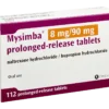 Mysimba 8mg/90mg Prolonged-Release Tablets:** A prescription medication for weight management in adults, containing 8 mg of naltrexone hydrochloride and 90 mg of bupropion hydrochloride. The blue, round, biconvex tablets are designed to reduce appetite and cravings by targeting brain pathways involved in hunger and reward. Suitable for use in overweight or obese adults with a BMI of 27 or greater, and related health conditions like type 2 diabetes or high blood pressure. Tablets are taken orally with gradual dosage increase for optimal effect. Buy Mysimba online