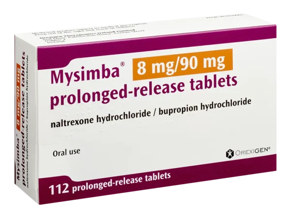 Mysimba 8mg/90mg Prolonged-Release Tablets:** A prescription medication for weight management in adults, containing 8 mg of naltrexone hydrochloride and 90 mg of bupropion hydrochloride. The blue, round, biconvex tablets are designed to reduce appetite and cravings by targeting brain pathways involved in hunger and reward. Suitable for use in overweight or obese adults with a BMI of 27 or greater, and related health conditions like type 2 diabetes or high blood pressure. Tablets are taken orally with gradual dosage increase for optimal effect. Buy Mysimba online