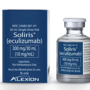 Soliris (Eculizumab) is a sterile, intravenous (IV) infusion treatment in a clear to pale yellow solution. It is a humanized monoclonal antibody that targets complement protein C5, blocking immune-mediated damage in specific rare diseases. Soliris is primarily used for Paroxysmal Nocturnal Hemoglobinuria (PNH), Atypical Hemolytic Uremic Syndrome (aHUS), Generalized Myasthenia Gravis (gMG), and Neuromyelitis Optica Spectrum Disorder (NMOSD). Packaged in 30 mL single-use vials, Soliris must be refrigerated and administered under the supervision of healthcare professionals. It requires prior vaccination for meningococcal infections due to infection risk. Buy Soliris (Eculizumab) Online UK