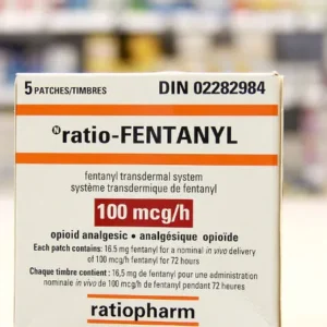 Buy Fentanyl Patches UK : A small, rectangular, adhesive patch designed for pain relief, with a clear backing and discreet, thin design. The patch is applied to the skin to provide continuous delivery of fentanyl, a potent opioid, over 72 hours. Packaging indicates available strengths ranging from 12.5 mcg/hour to 100 mcg/hour, suitable for managing severe chronic pain in opioid-tolerant patients. The patch is shown on a clean, dry skin area, such as the upper arm or chest."