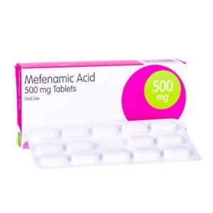 Mefenamic acid 500mg capsules in a blister pack. The capsules are white and blue, and the blister pack is labeled with the medication name, dosage, and manufacturer information Buy Mefenamic Acid